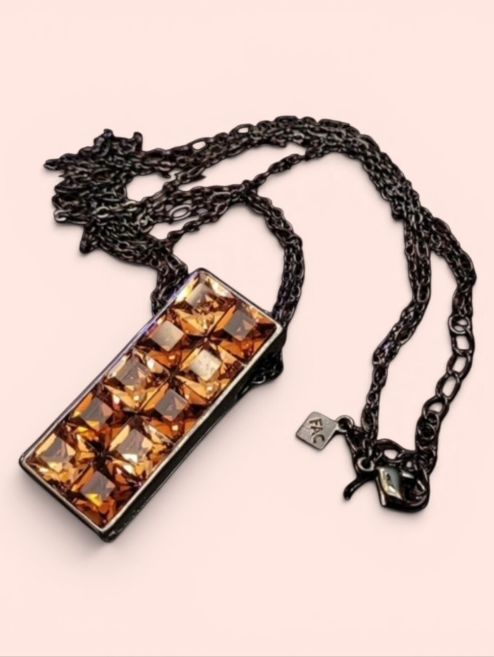 Black Pendant Chain Necklace with Amber Crystal Inset